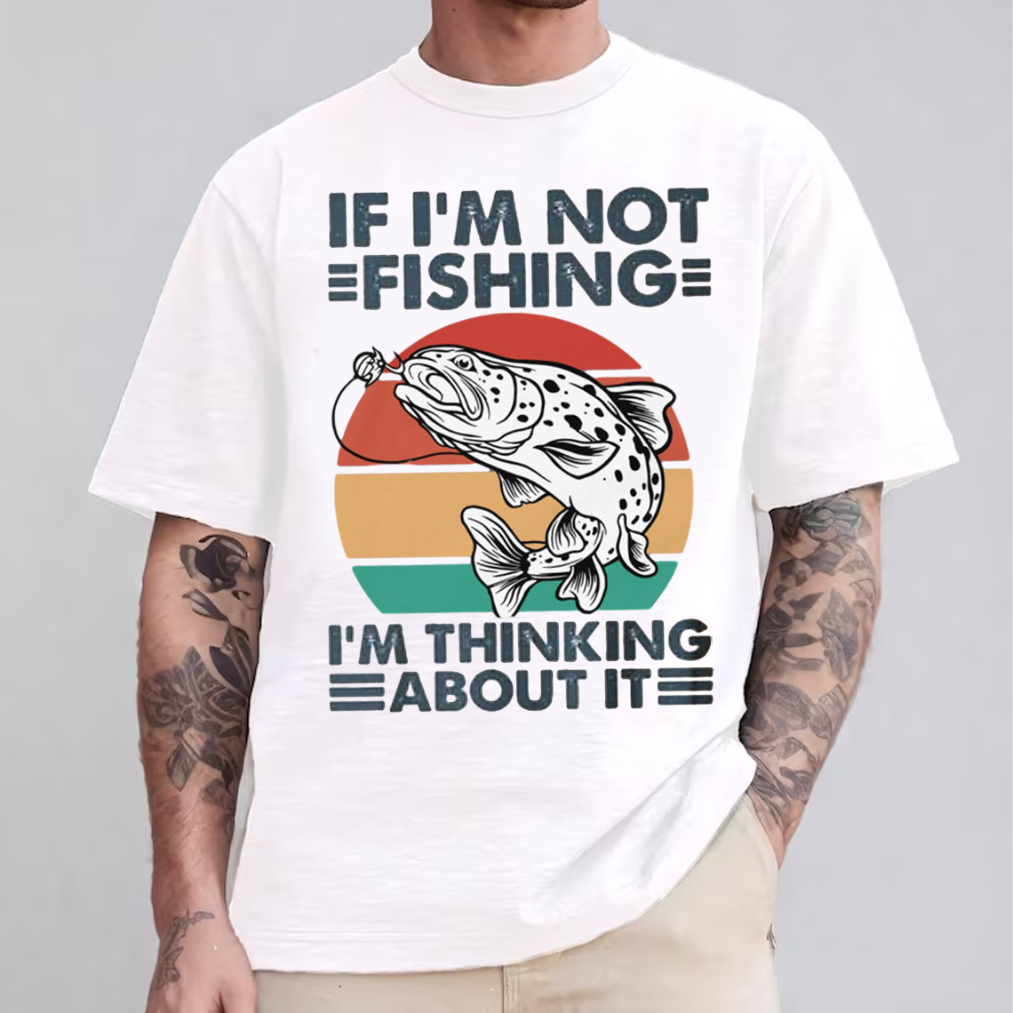 Funny Fishing T-Shirt, If I’m Not Fishing I’m Thinking About It Retro Trout Graphic Tee Gift for Fishermen