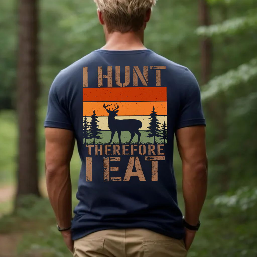 I Hunt Therefore I Eat T-Shirt, Funny Deer Hunting Tee for Men, Retro Hunter Gift Shirt