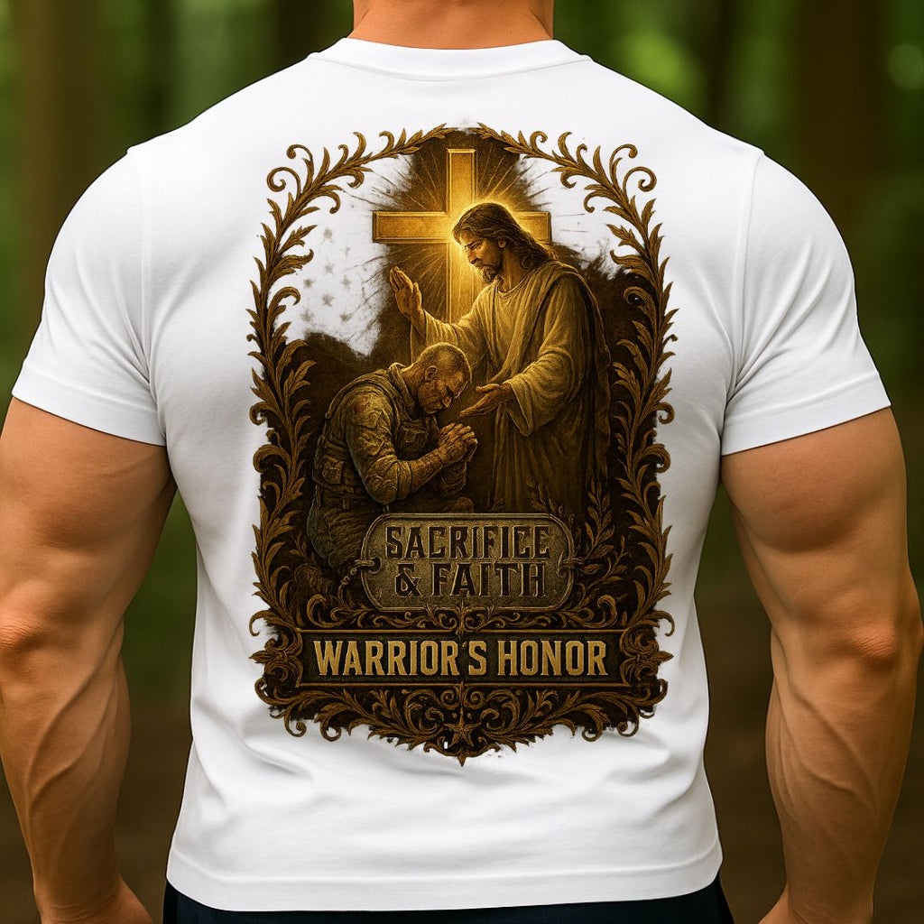 T-shirt Warrior’s Honor – Sacrifice & Faith Christian Soldier T-Shirt | Military Jesus Cross Tee